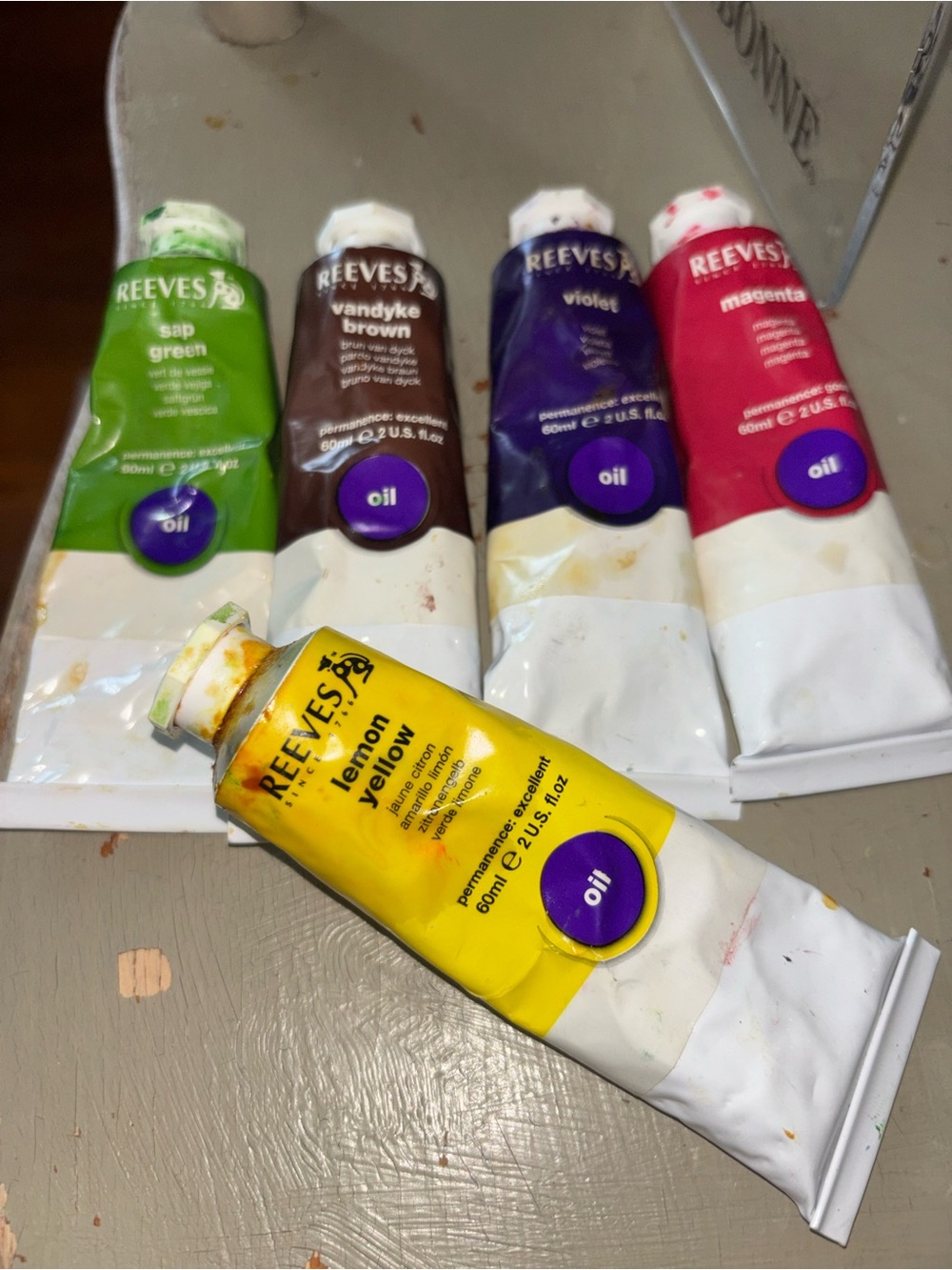 Reeves Oil Paint Tubes - Lemon Yellow, Sap Green, Vandyke Brown, Violet, Magenta